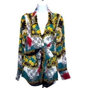 FASHION NOVA TUNIC BLOUSE W FRONT TIE• FLORAL & CHAIN DETAIL PATTERN ON BLACK• L